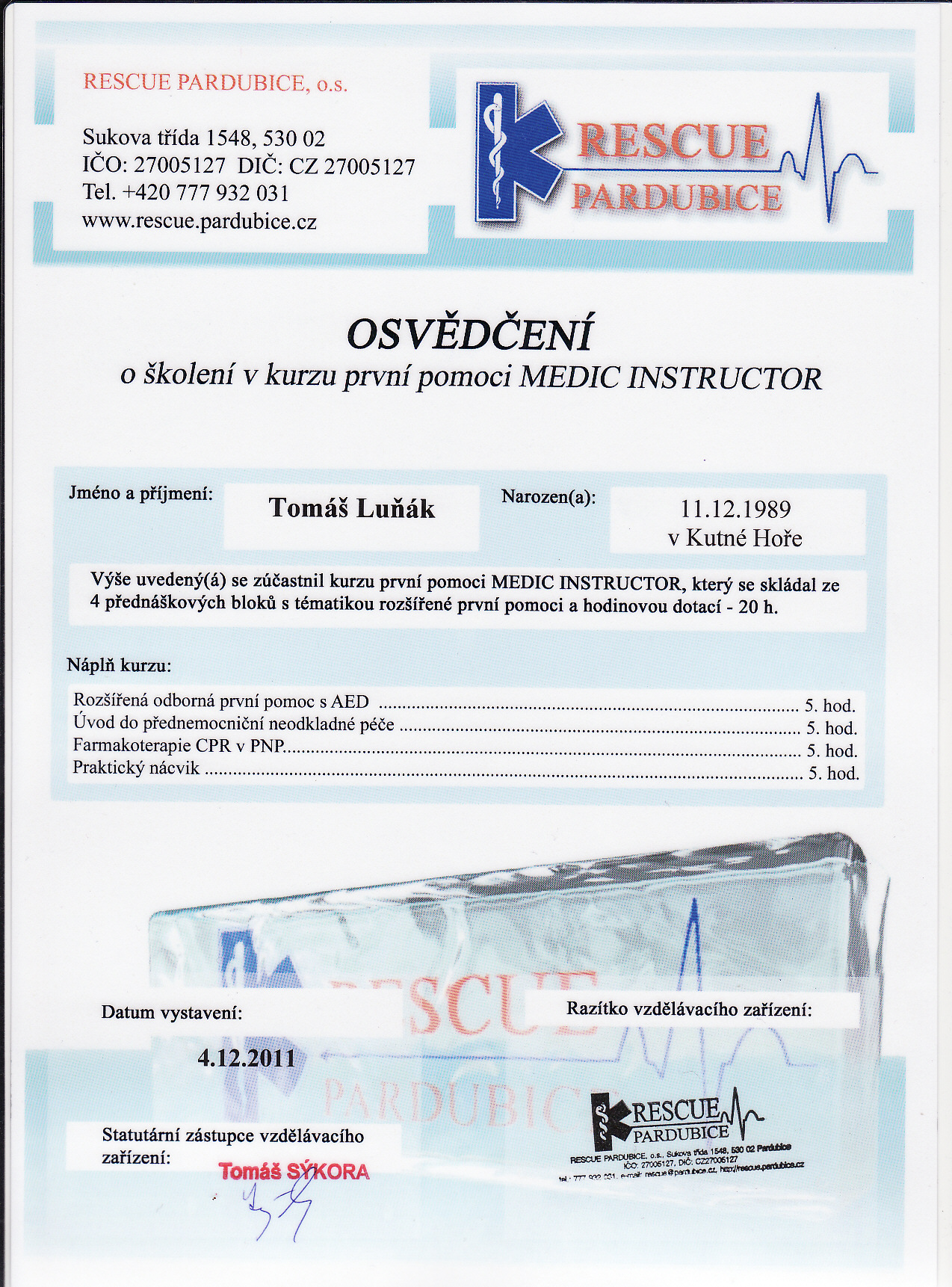 První pomoc Tomáš Luňák - Certifikát