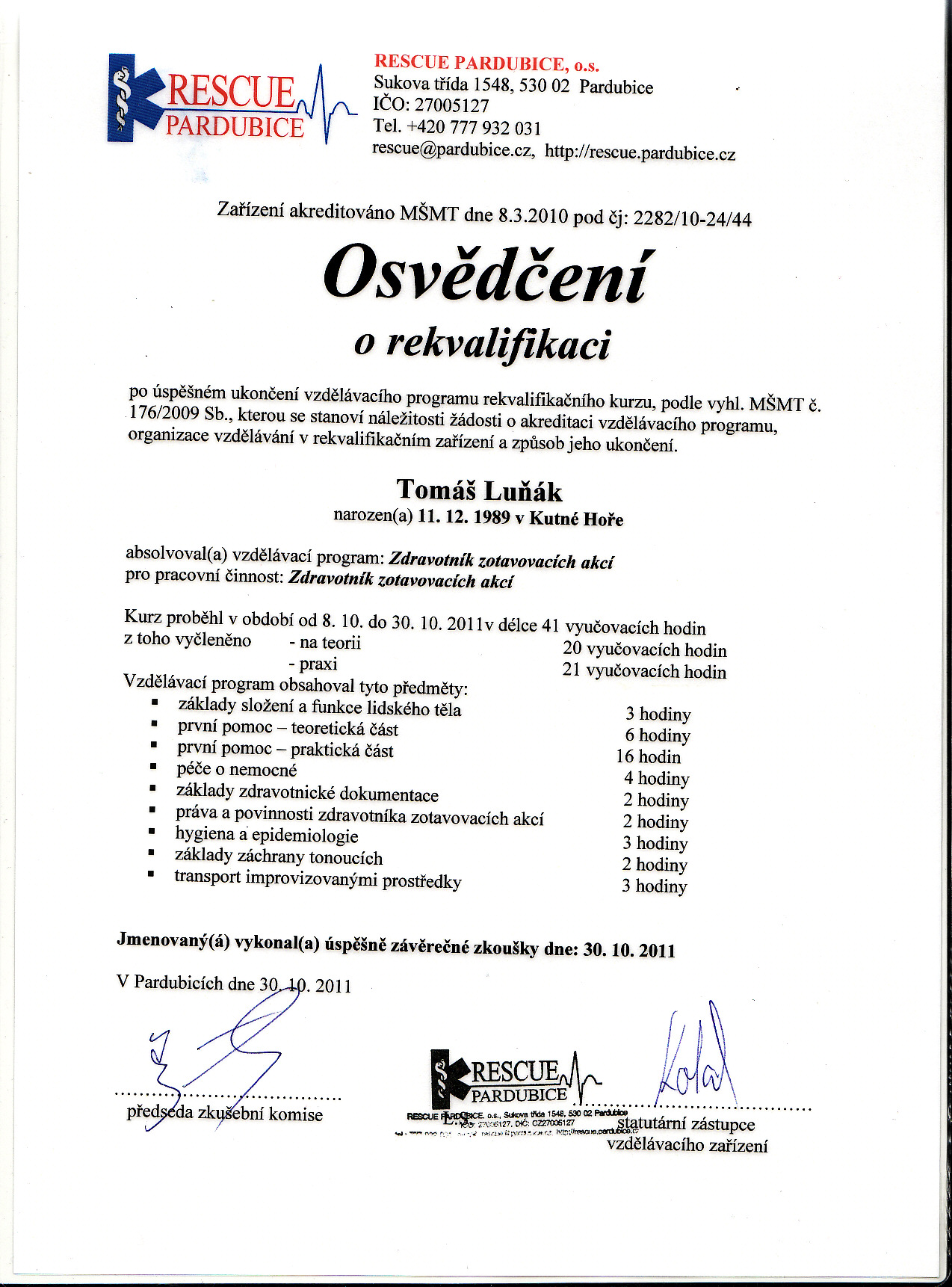 První pomoc Tomáš Luňák - Certifikát