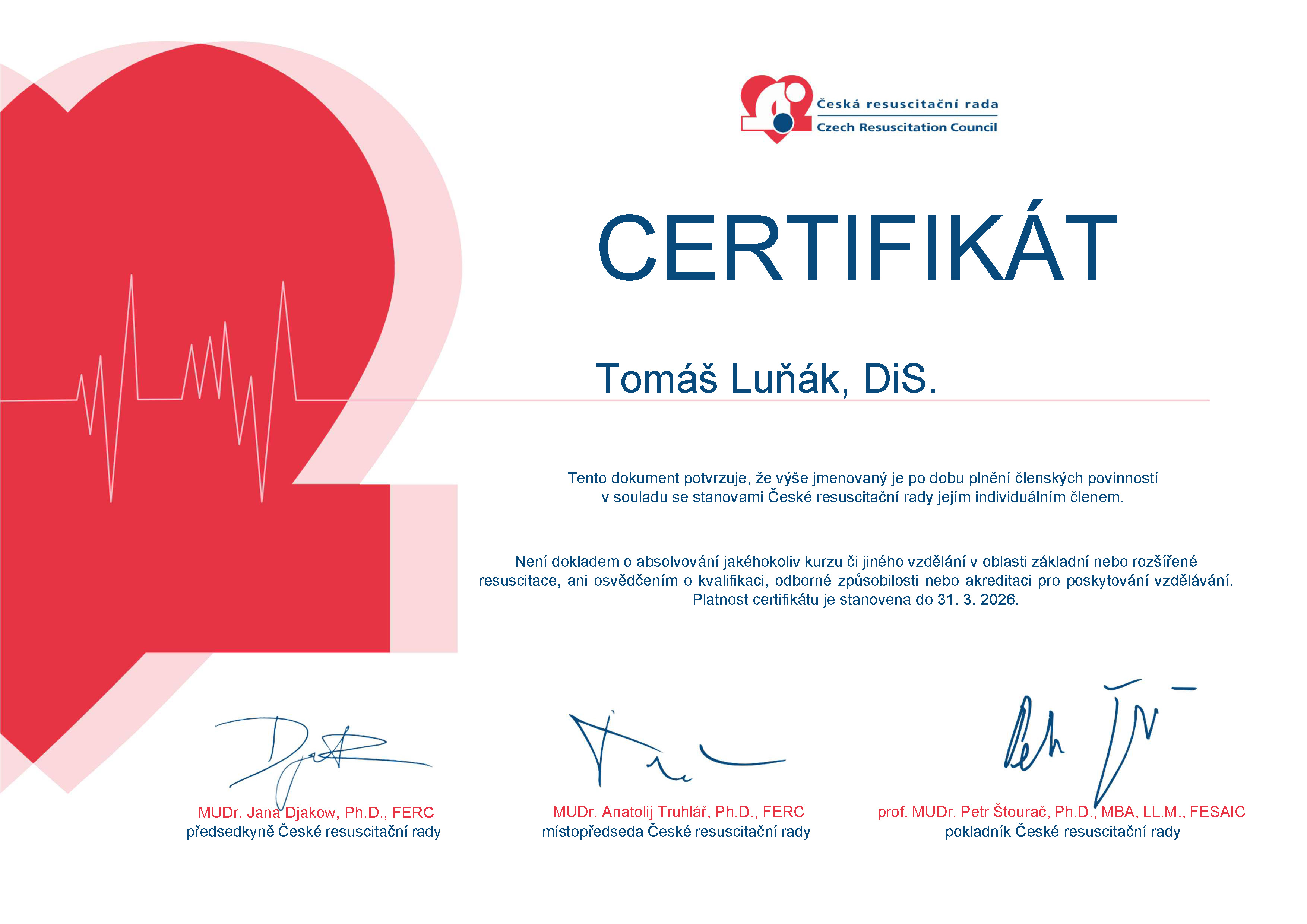 První pomoc Tomáš Luňák - Certifikát